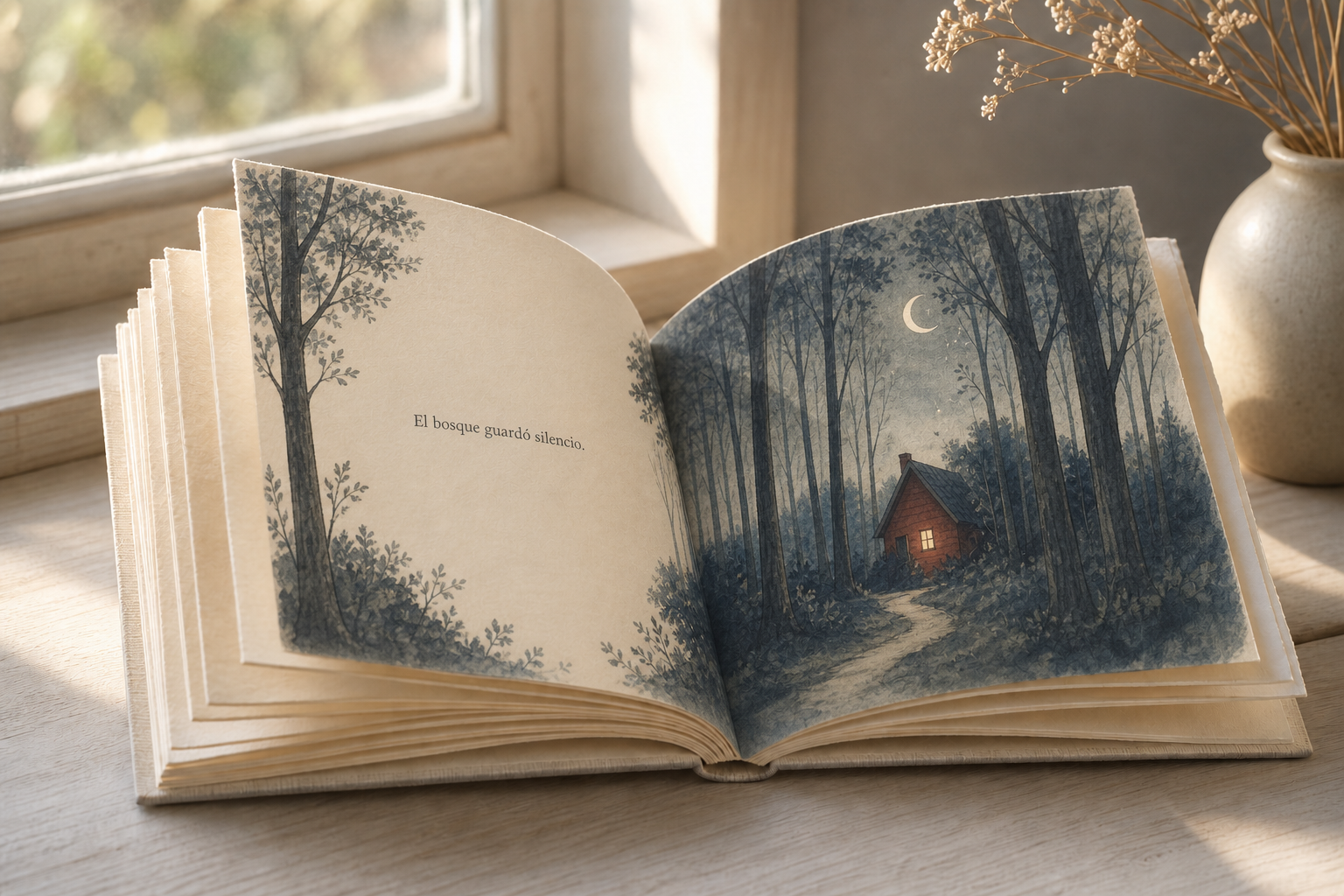 Libro álbum ficticio abierto en una escena de bosque nocturno