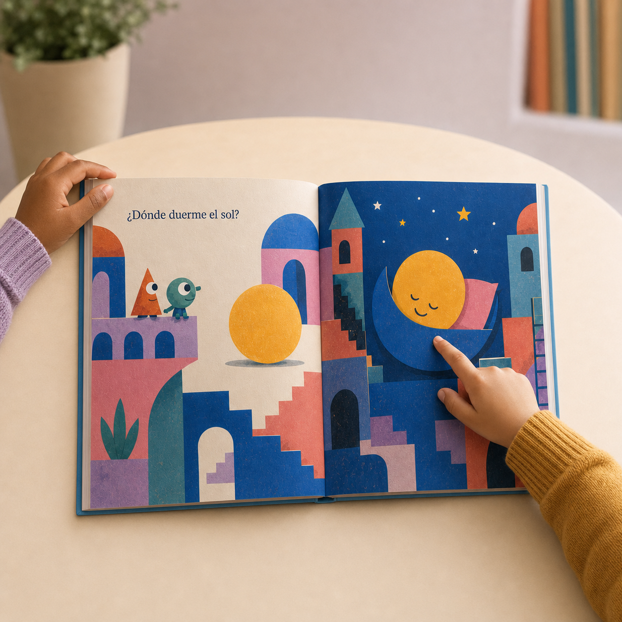 Dos niños exploran juntos un cuento ilustrado que pregunta dónde duerme el sol